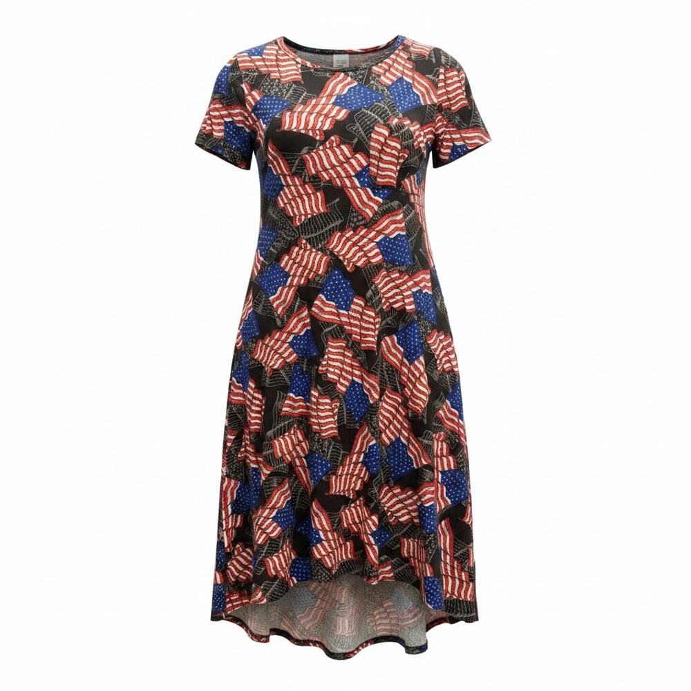 LuLaRoe American Flag Dress Patriotic 4th of July High Low Carly Swing Dress S